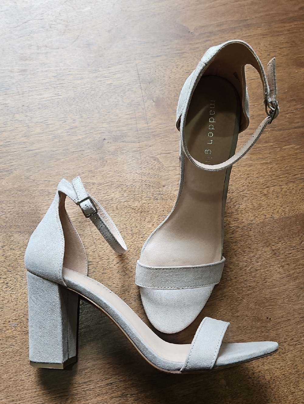 Madden Girl Light Beige Suede Block Heel Ankle-Strap Sandals